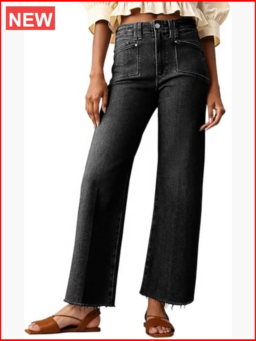High Waisted Cropped Jeans Baggy Straight Leg Raw Hem Stretchy Capri Denim Pants - Picture 1 of 7